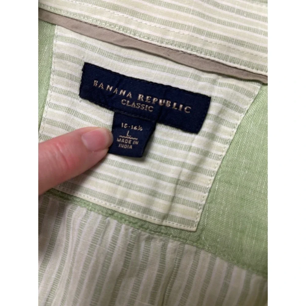 Banana Republic Mens L Guayabera‎ Shirt Green Striped Embroidered Linen Cotton
